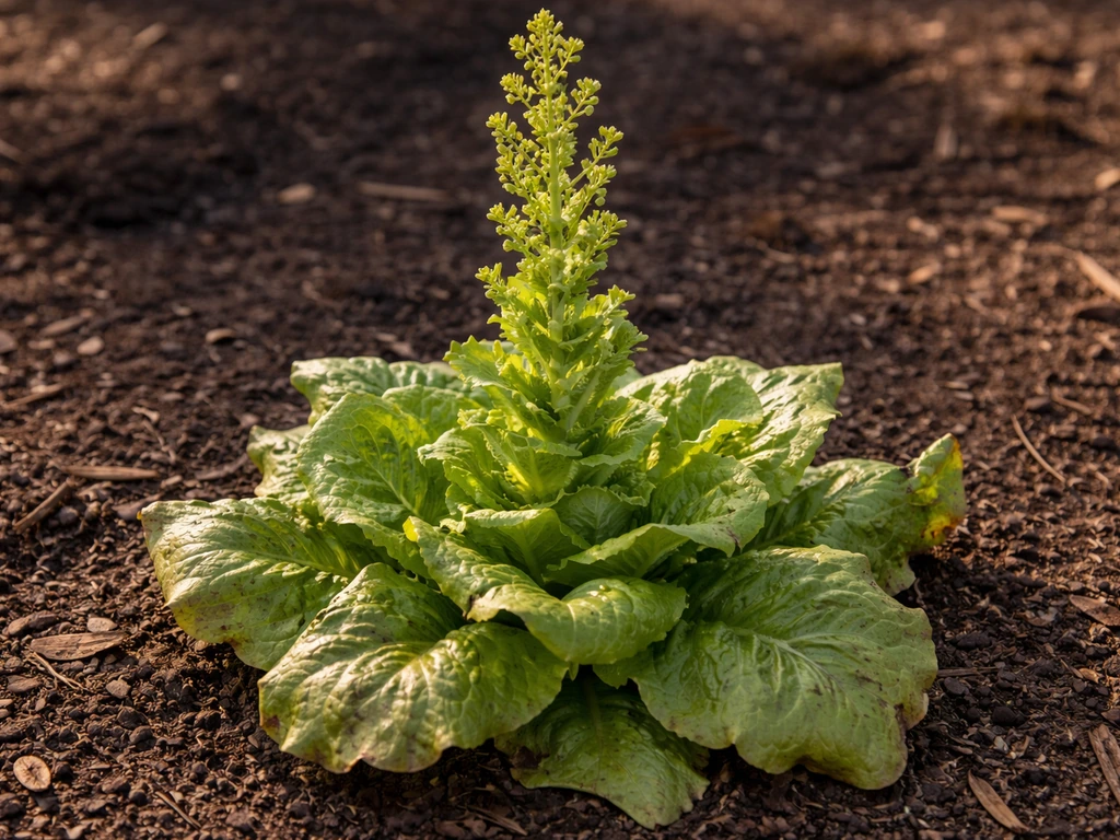 Bolted Batavia lettuce with a tall center stalk and visibly stressed, bitter-looking leaves