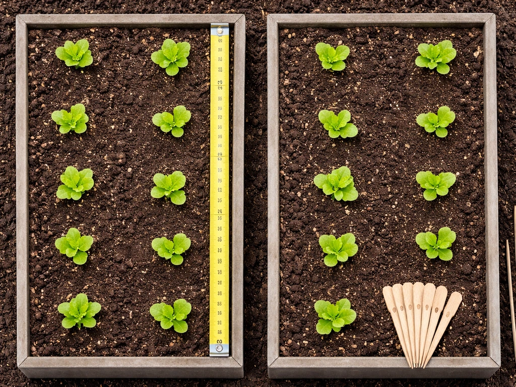 Top-down view of spaced lettuce seedlings in containers with a tape measure showing in-row distances.