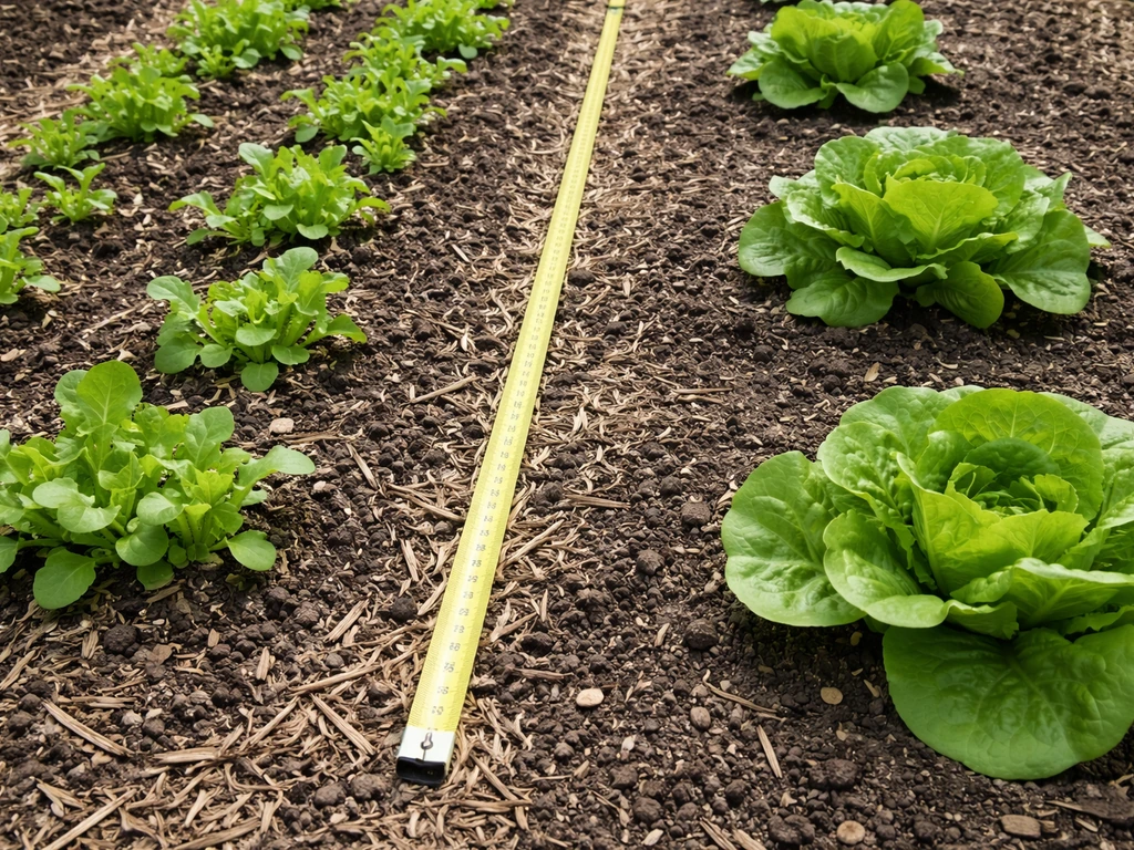 Garden bed with two lettuce spacing patterns marked by a tape measure: close leaf lettuce and wider head spacing.
