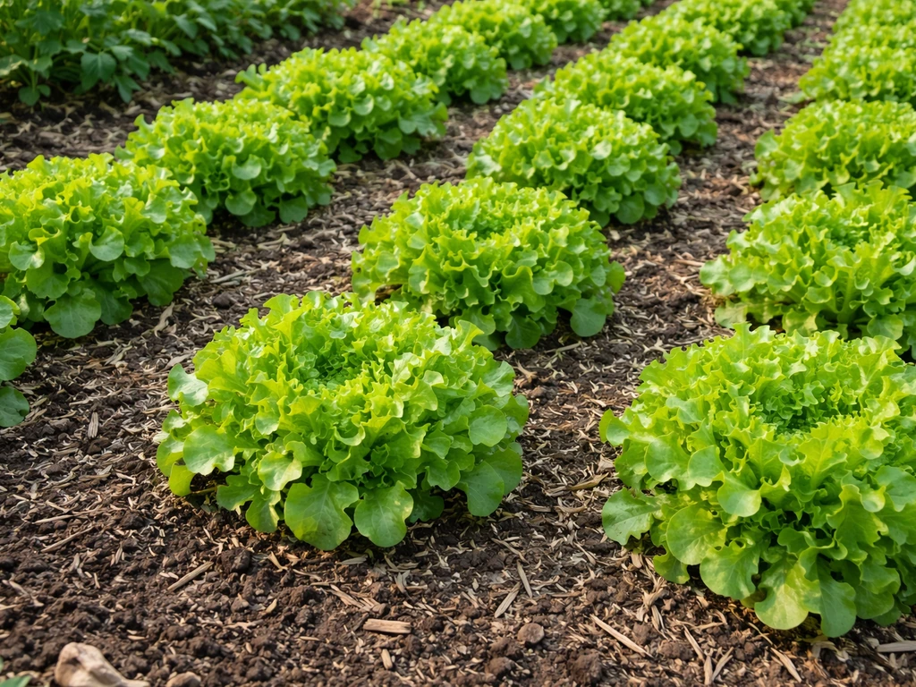 Fresh loose-leaf lettuce grown in neat rows with clear in-row spacing in a garden bed.