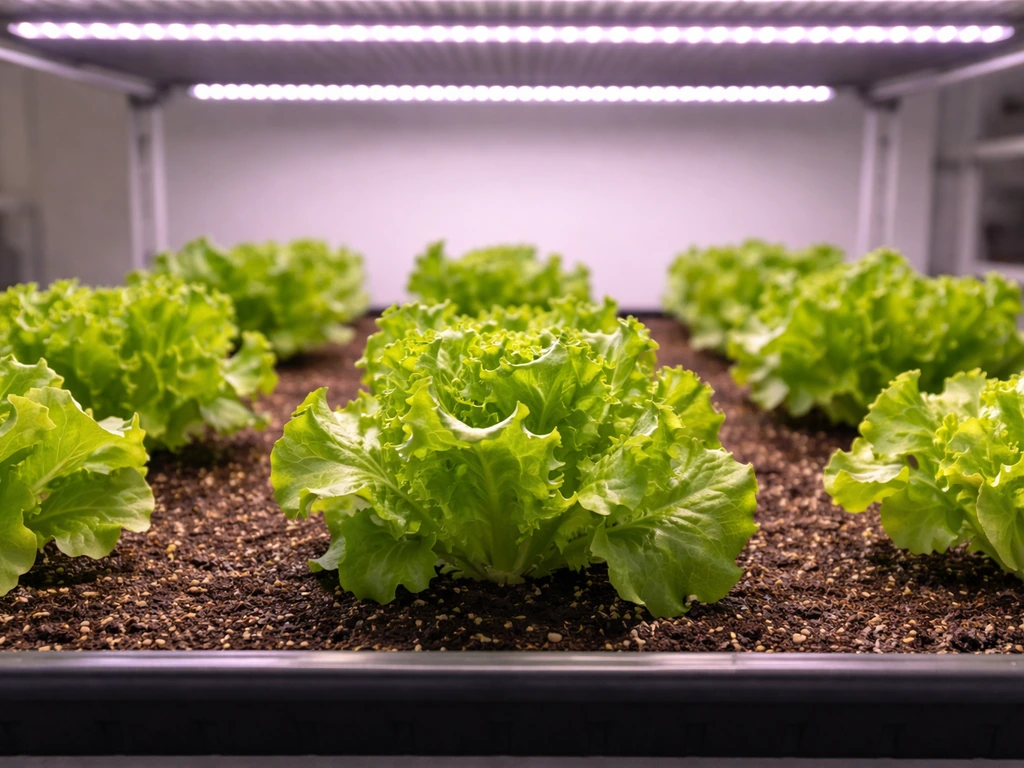 Indoor lettuce canopy under grow lights with clear spacing between plants on a simple tray setup.
