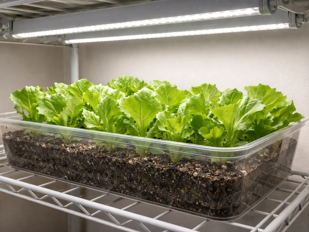 Iceberg lettuce seedlings in a container under adjustable grow lights indoors, showing canopy height