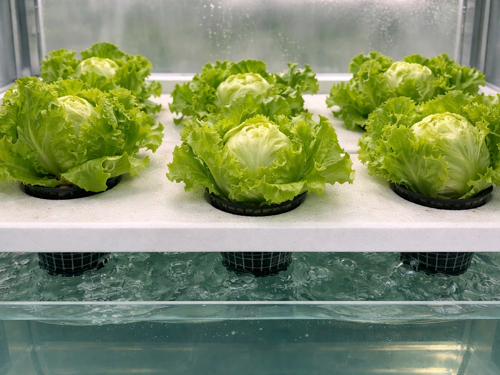 Iceberg lettuce growing in a simple hydroponic system with net pots and visible nutrient solution.
