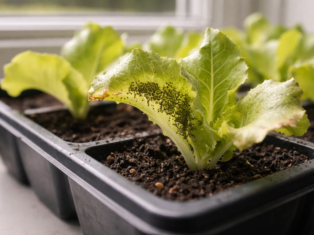 Close-up of iceberg lettuce seedlings with aphids on leaves and early stress on leaf edges.