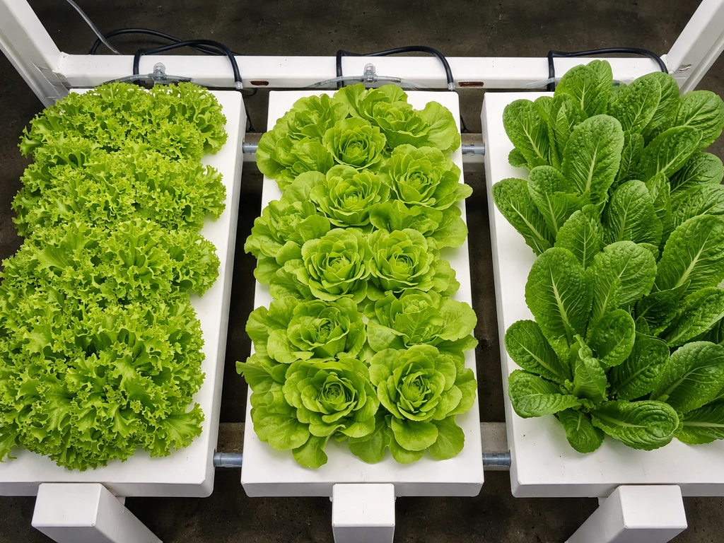 Overhead view of lush hydroponic leaf, butterhead, and romaine lettuce in separate NFT channels with tubing.