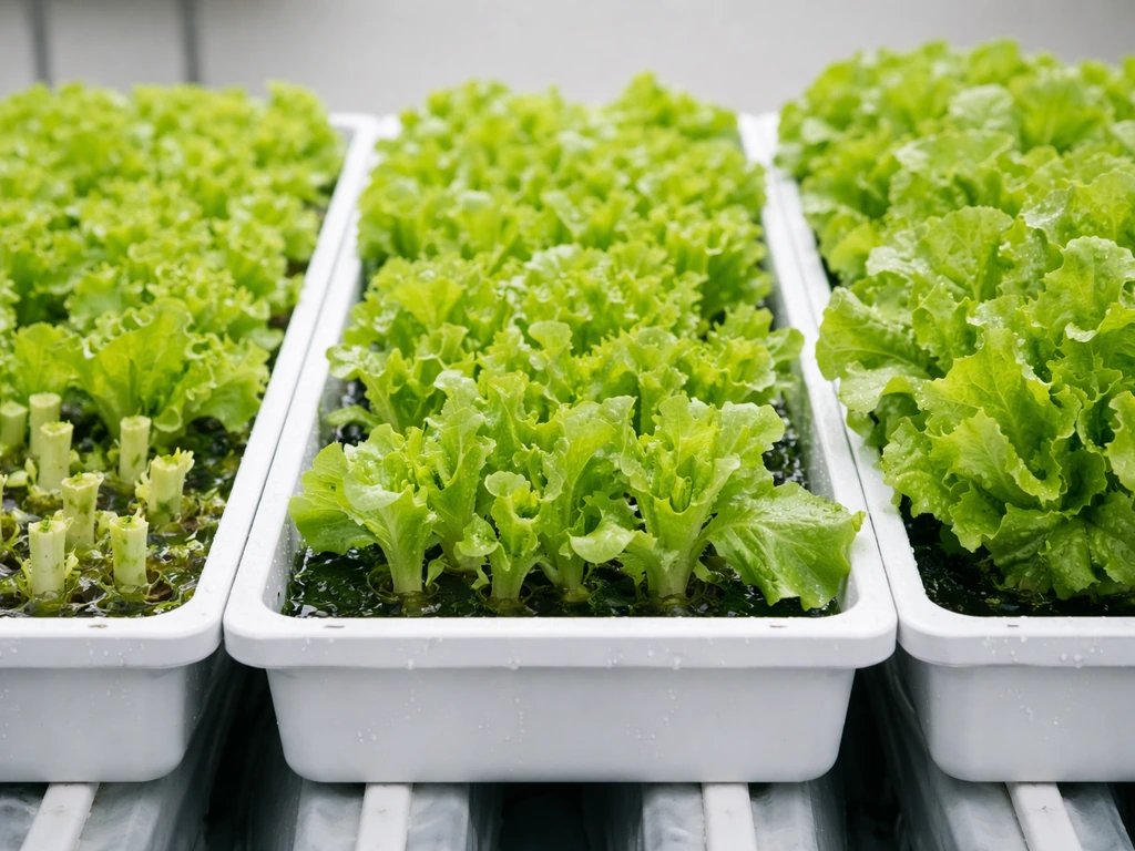 Close-up of loose-leaf hydroponic lettuce trays showing cut outer leaves and tender regrowth.