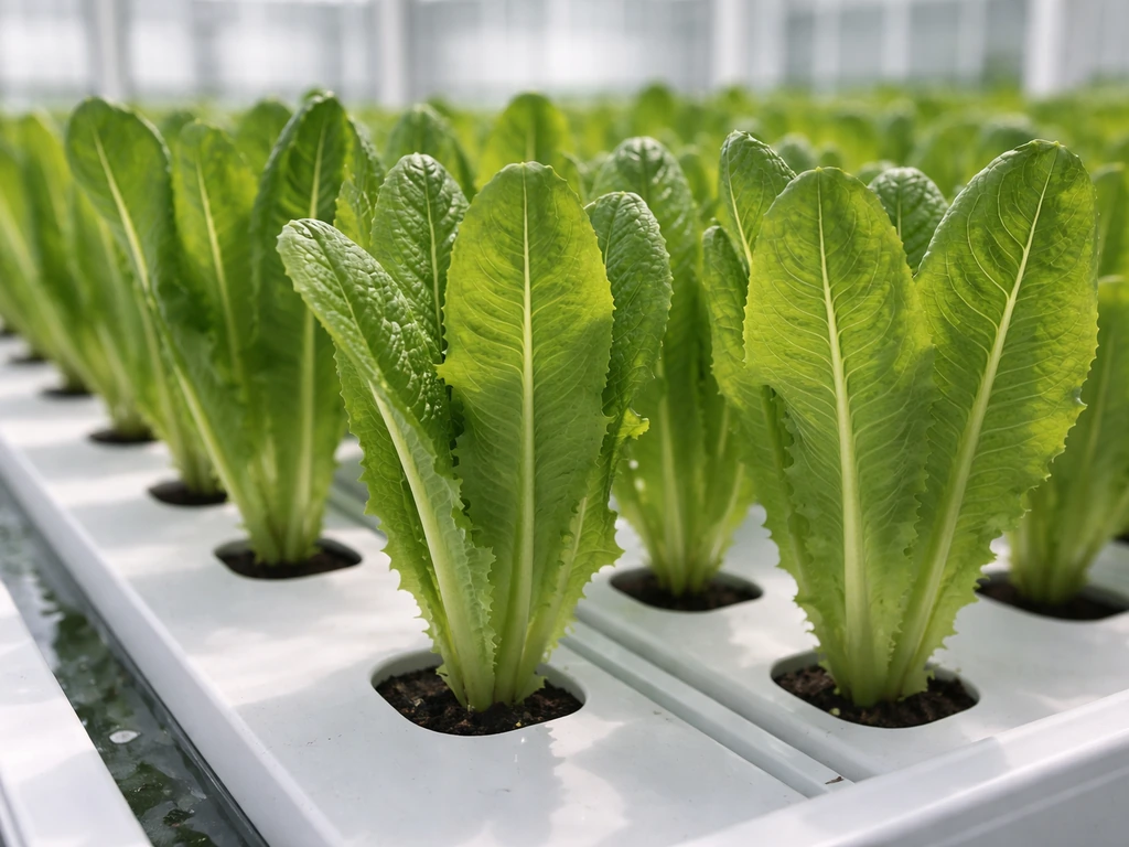 Upright romaine (cos) lettuce growing in a simple hydroponics setup with crisp elongated leaves