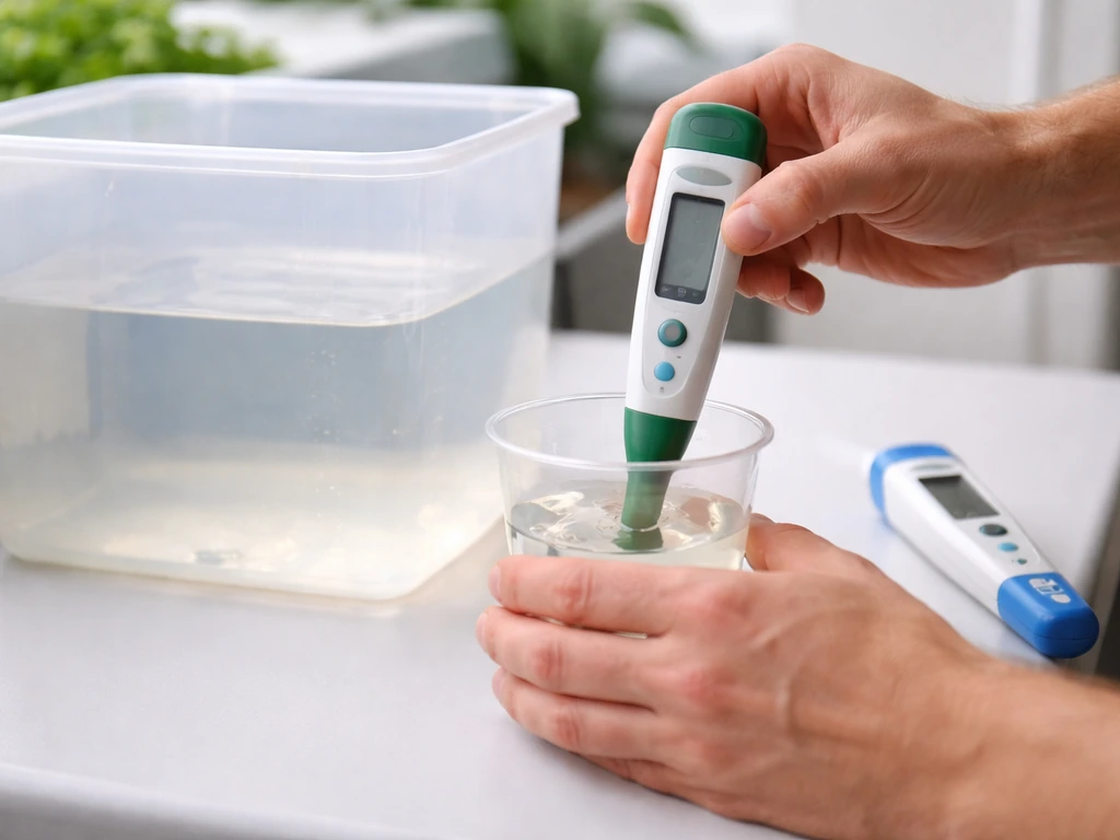 Hands testing hydroponic nutrient solution with pH and EC meters beside a reservoir.