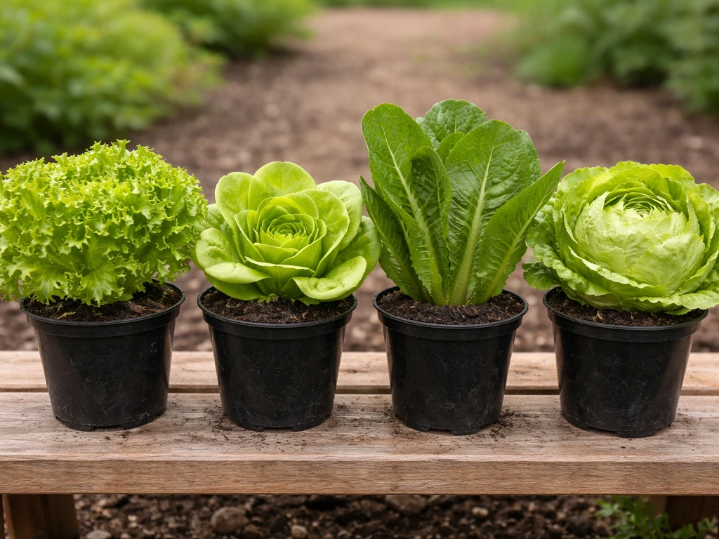 Four small potted lettuce varieties laid out on a bench, showing leaf, butterhead, romaine, and crisphead textures.