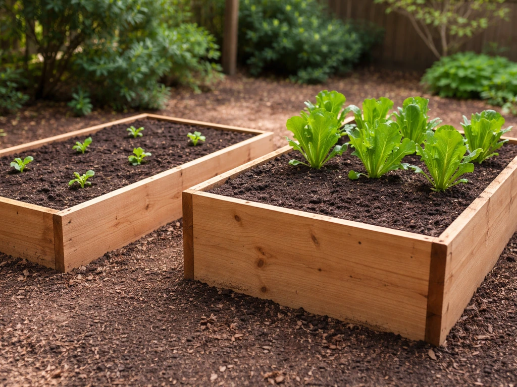 Two simple raised garden beds side by side showing shallow soil depth for lettuce and deeper depth for romaine/head.