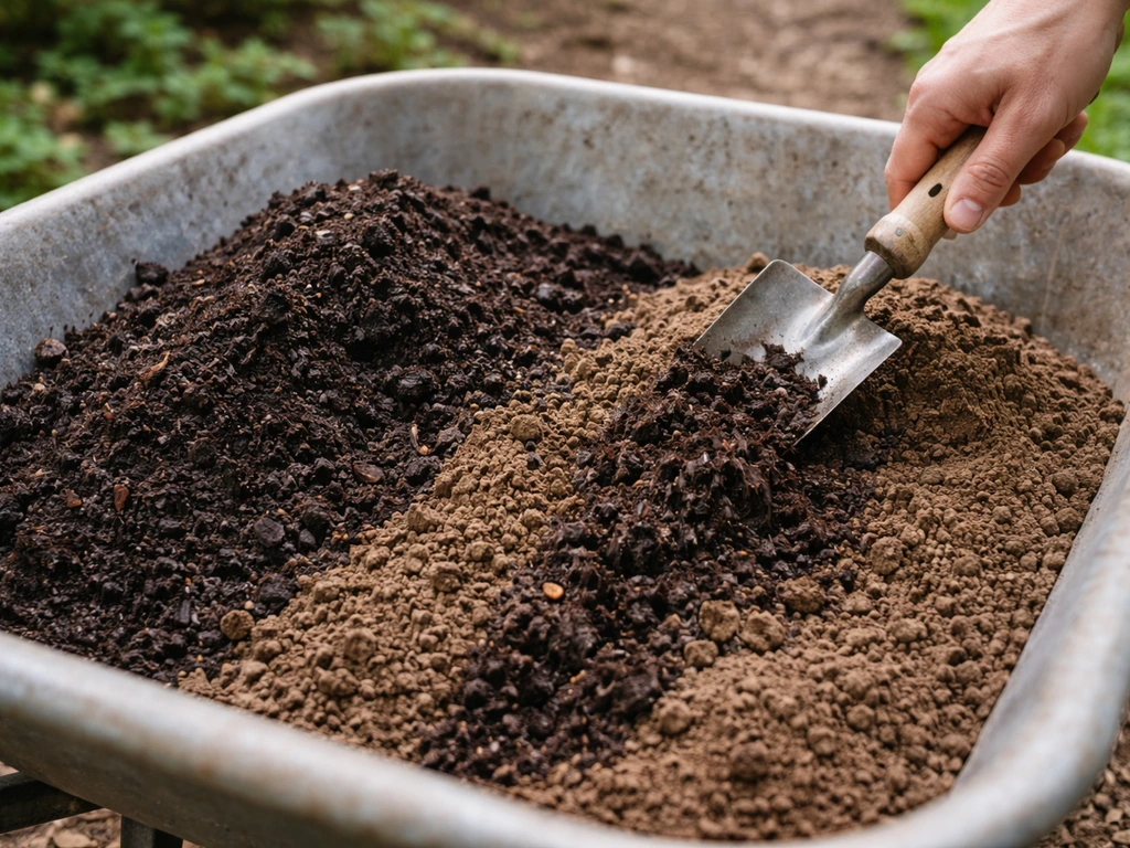 Topsoil and compost being mixed in a wheelbarrow for a 70/30 lettuce soil mix.
