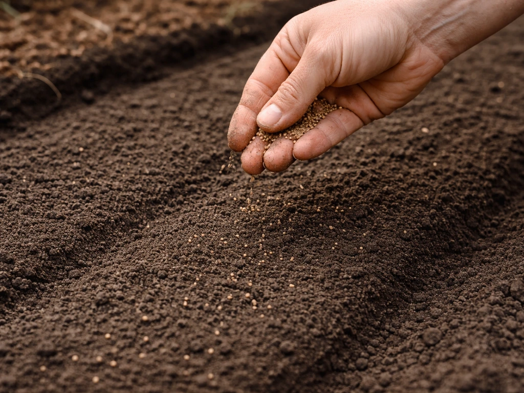 Hand scattering lettuce seeds over a raked garden bed, soil lightly covered and spaced