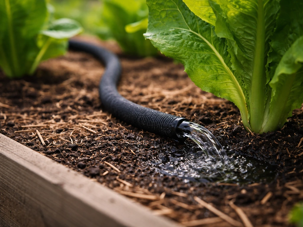 Watering a raised-bed lettuce garden at the soil line with a can or soaker hose, not overhead.