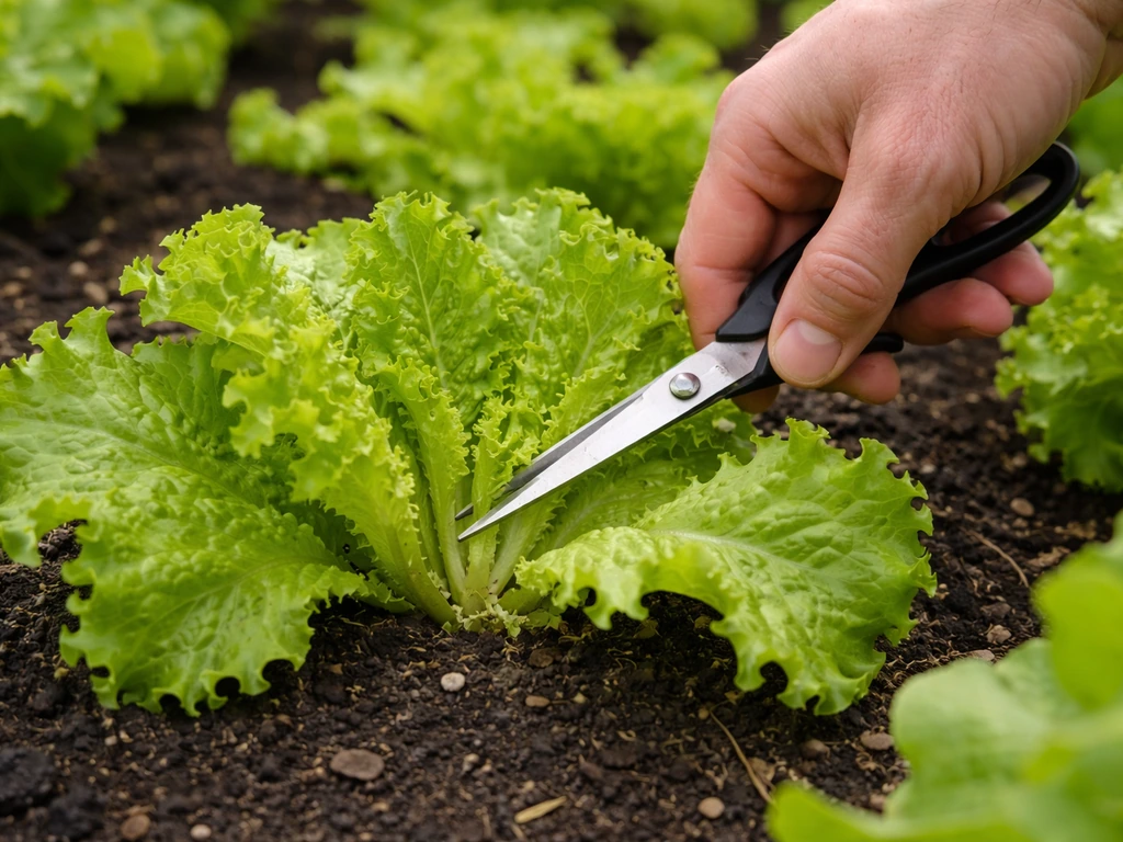 Hand using clean scissors to cut outer leaf lettuce about 1 inch above the crown, leaving it to regrow.