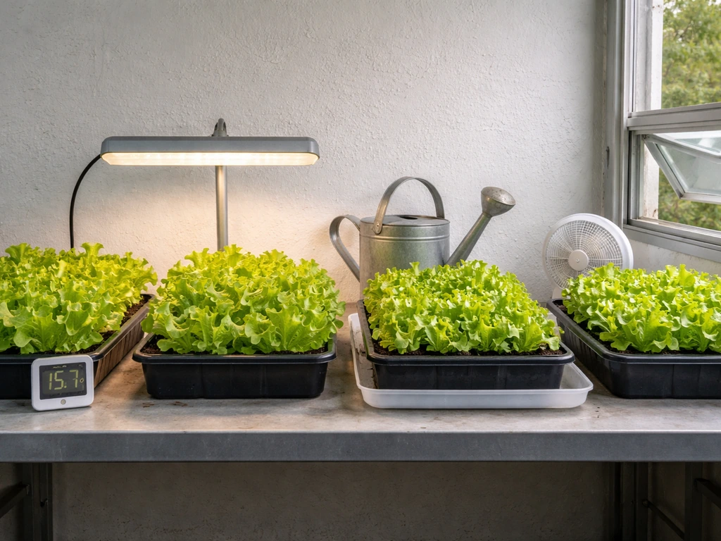 Four-panel winter lettuce setup: thermometer temp target, grow light, watering tray moisture, and airflow fan/vent.
