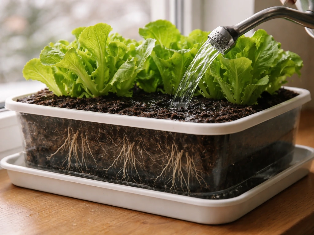 Close-up of damp compost and lettuce roots in a pot with a drainage tray, careful watering in winter light.