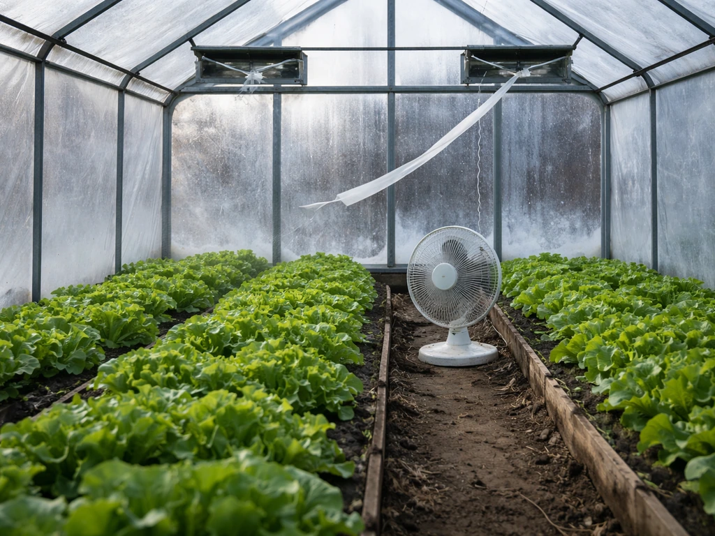 Indoor greenhouse showing slightly open vents and a small fan keeping airflow moving near lettuce.