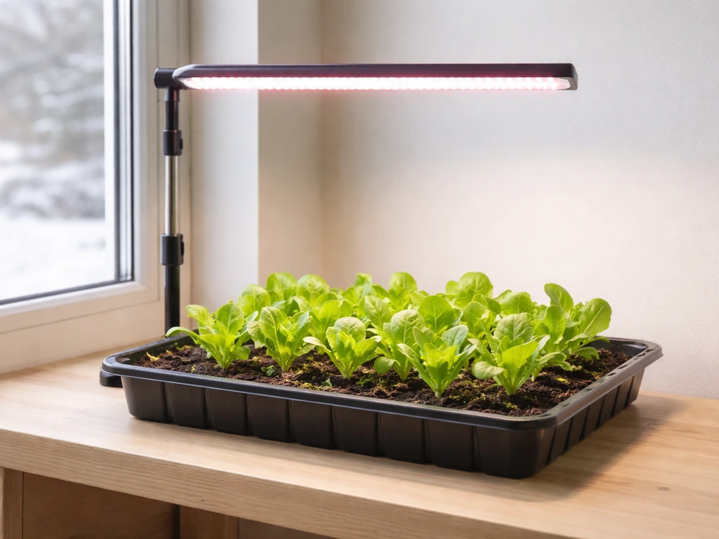 Shallow tray of lettuce seedlings under a full-spectrum LED grow light inside a bright indoor setup.