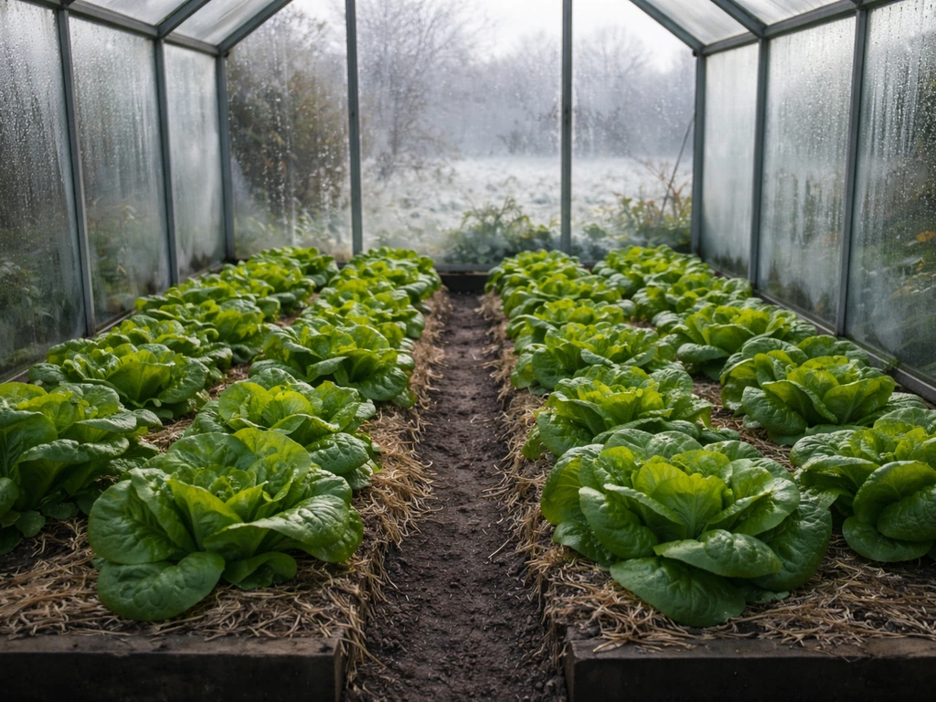 Greenhouse lettuce beds in winter, with condensation on clear glass and frosty outdoor weather beyond.