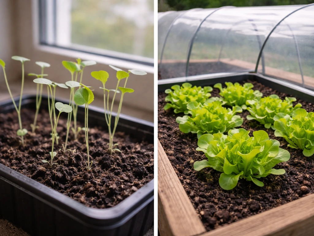 Split view of leggy indoor lettuce seedlings vs compact healthy lettuce outdoors in winter protection