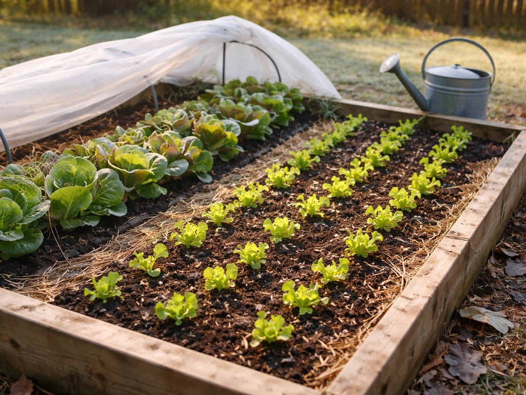 Staggered lettuce seedlings and rows in a North Carolina garden bed with mulch and spring-like cool-season cues.