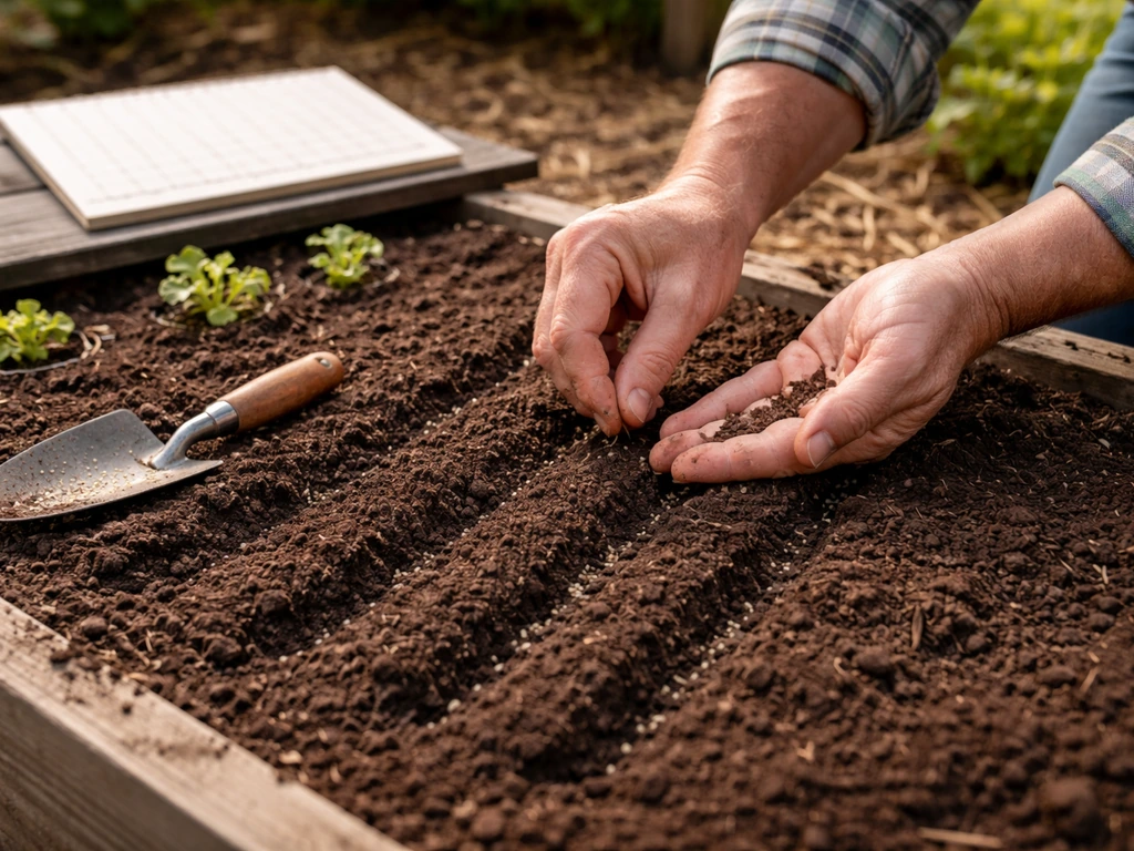 Gardener sowing lettuce seeds in small rows with a blank calendar nearby for spacing timing.