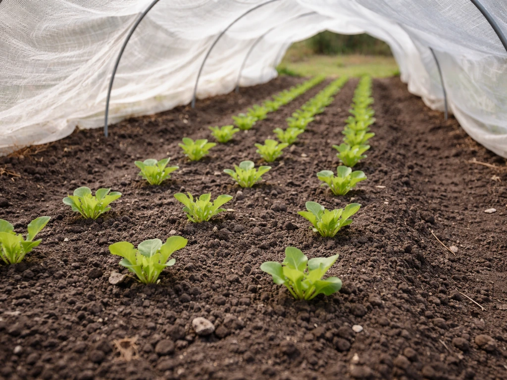 Lettuce seedlings in rows under light shade cloth in a late-summer early-fall garden bed