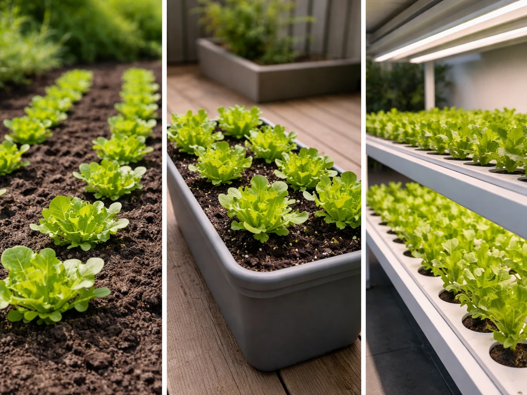 Three lettuce growing setups side-by-side: outdoor ground bed, patio container, and indoor under-light rack.