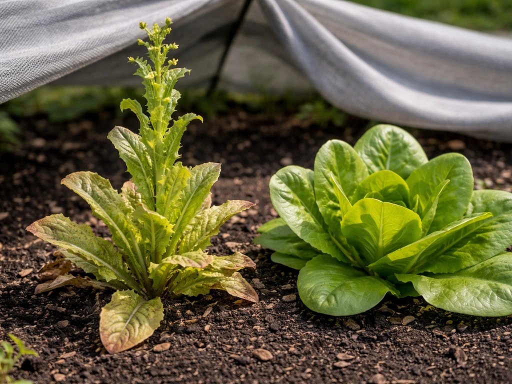 Close-up lettuce showing early bolting with a tall central stalk, adjacent healthy leaves, partial shade cloth.