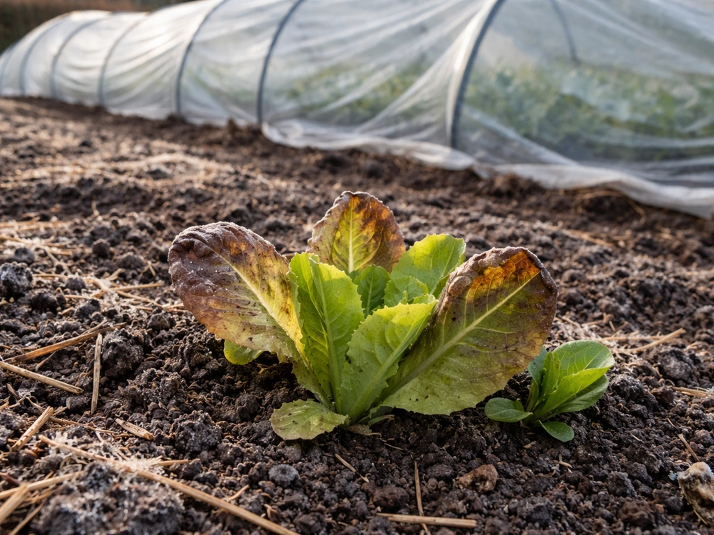 Frost-damaged lettuce leaves recovering near a clear low tunnel row cover in early spring