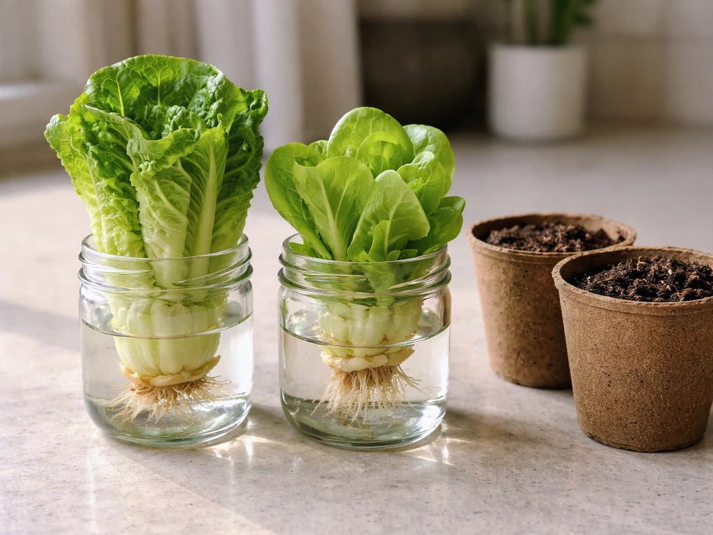 Close-up of romaine and butter/bibb lettuce cut bases regrowing in small jars and pots