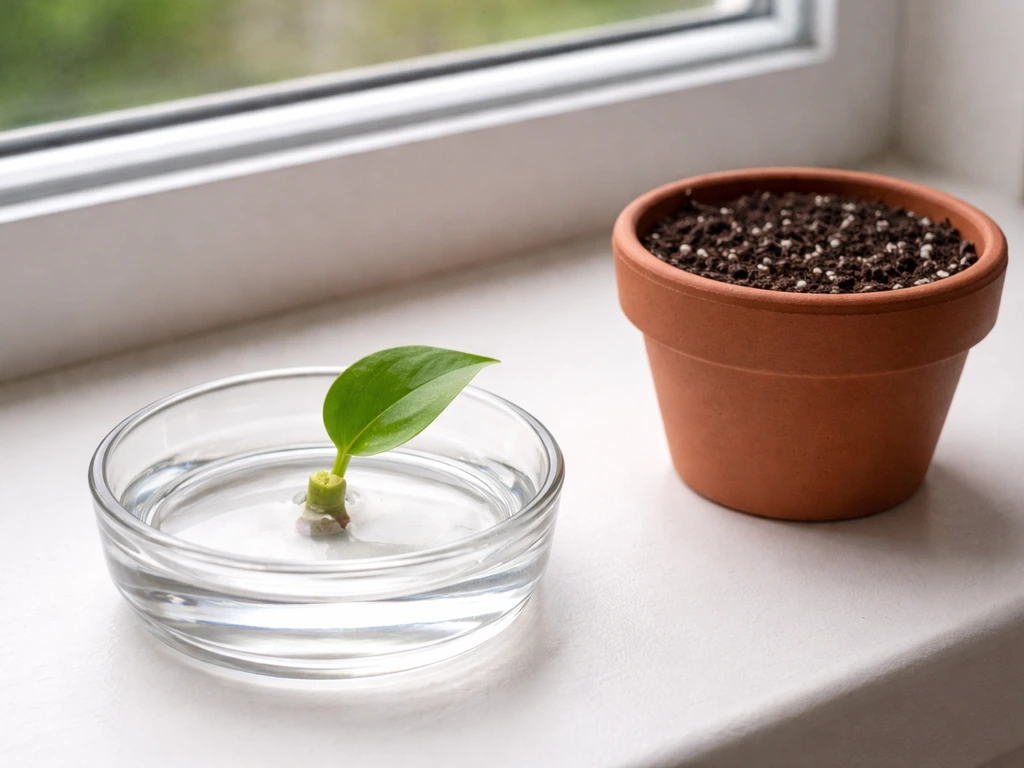 Shallow glass with water beside a pot filled with soil, showing setup for moving a plant base to soil