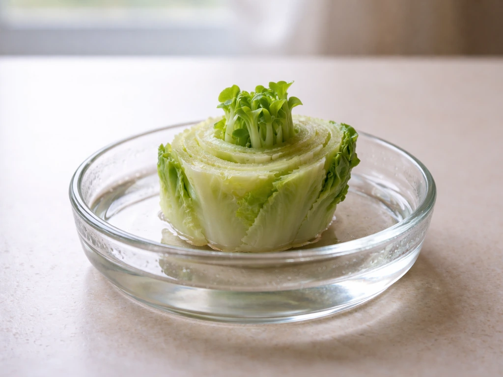 Cut romaine/butter lettuce base sits cut-side up in shallow water, with early green regrowth.