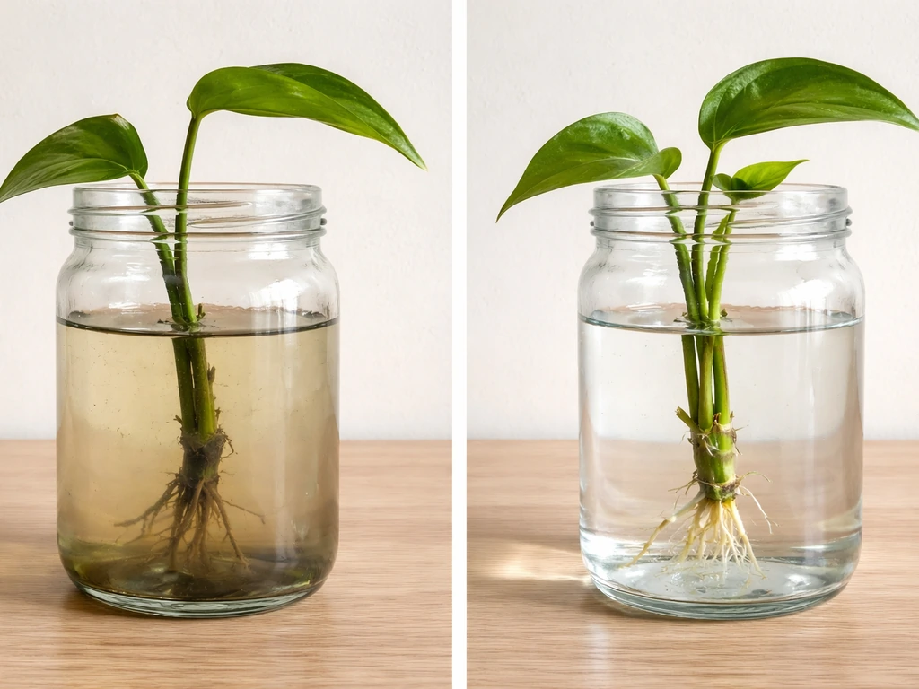 Two plant propagation setups: stagnant base in water with no new growth beside a refreshed trimmed base in fresh water.