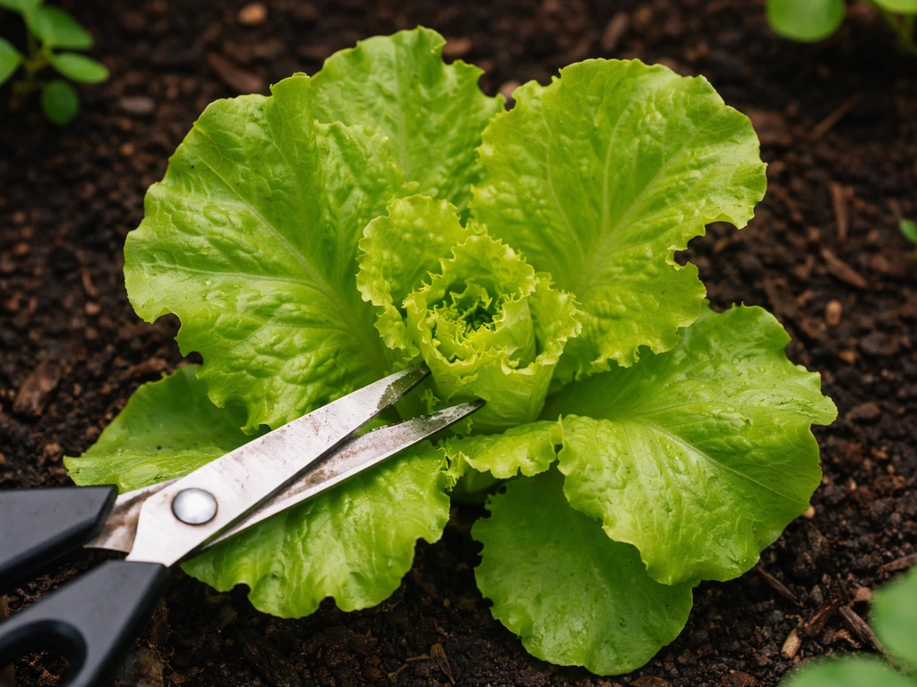 Garden scissors snipping outer leaves of regrown lettuce while the center stays uncut.