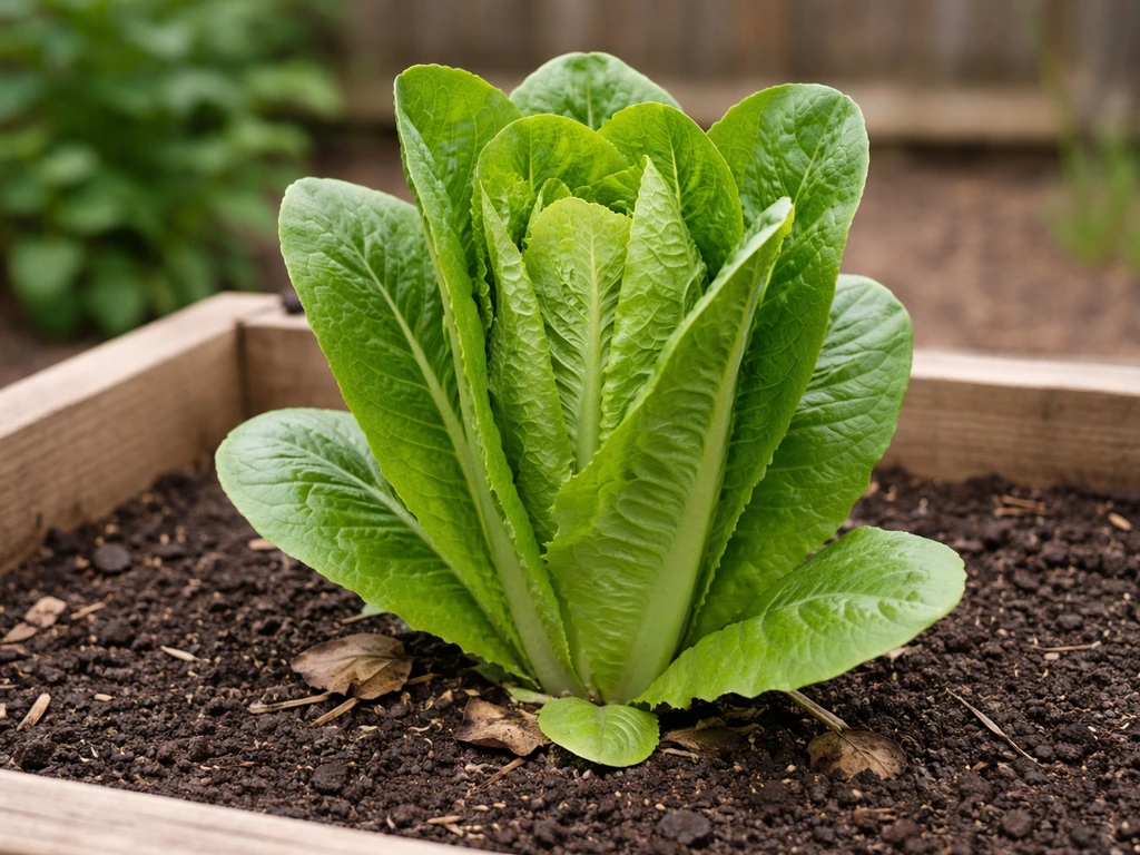 Close-up of a healthy romaine lettuce head growing in a raised garden bed with crisp green leaves.