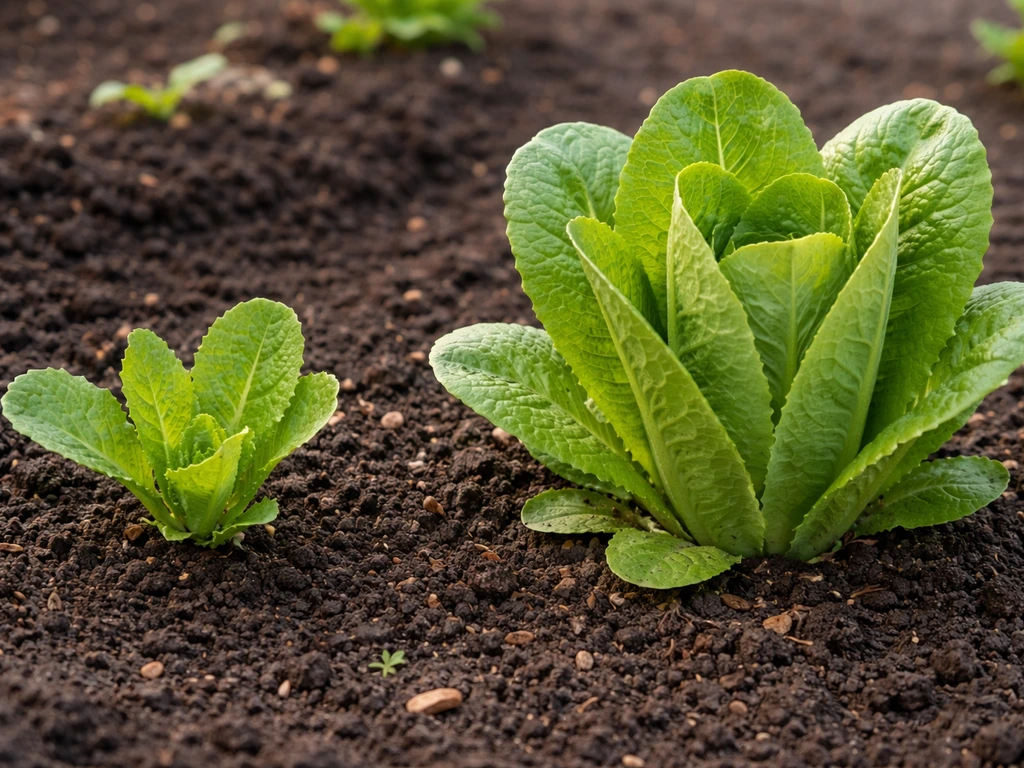Two romaine lettuce stages side by side: small loose leaves and forming heads in a garden bed.