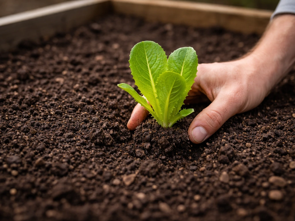 Romaine seedling being transplanted into a raised-bed bed with composted soil close-up.