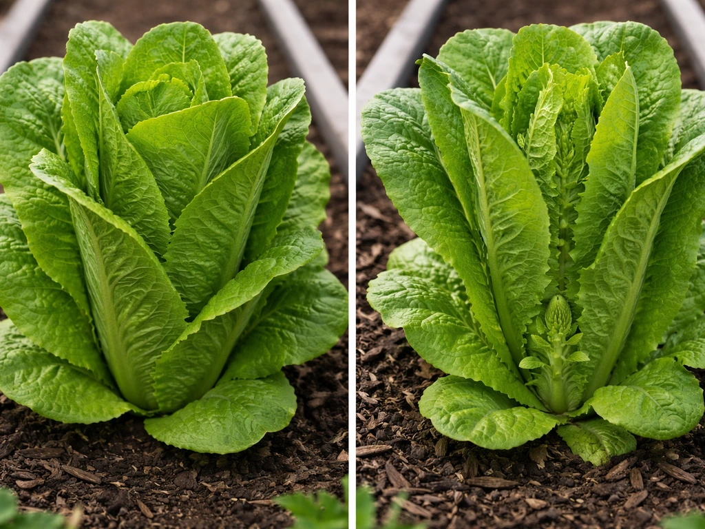 Split view of romaine: tight healthy head vs early bolting with a small flower stalk emerging.