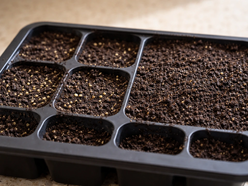 Close-up of seed tray showing shallow-sown lettuce seeds lightly covered and nearby deeper-sown area