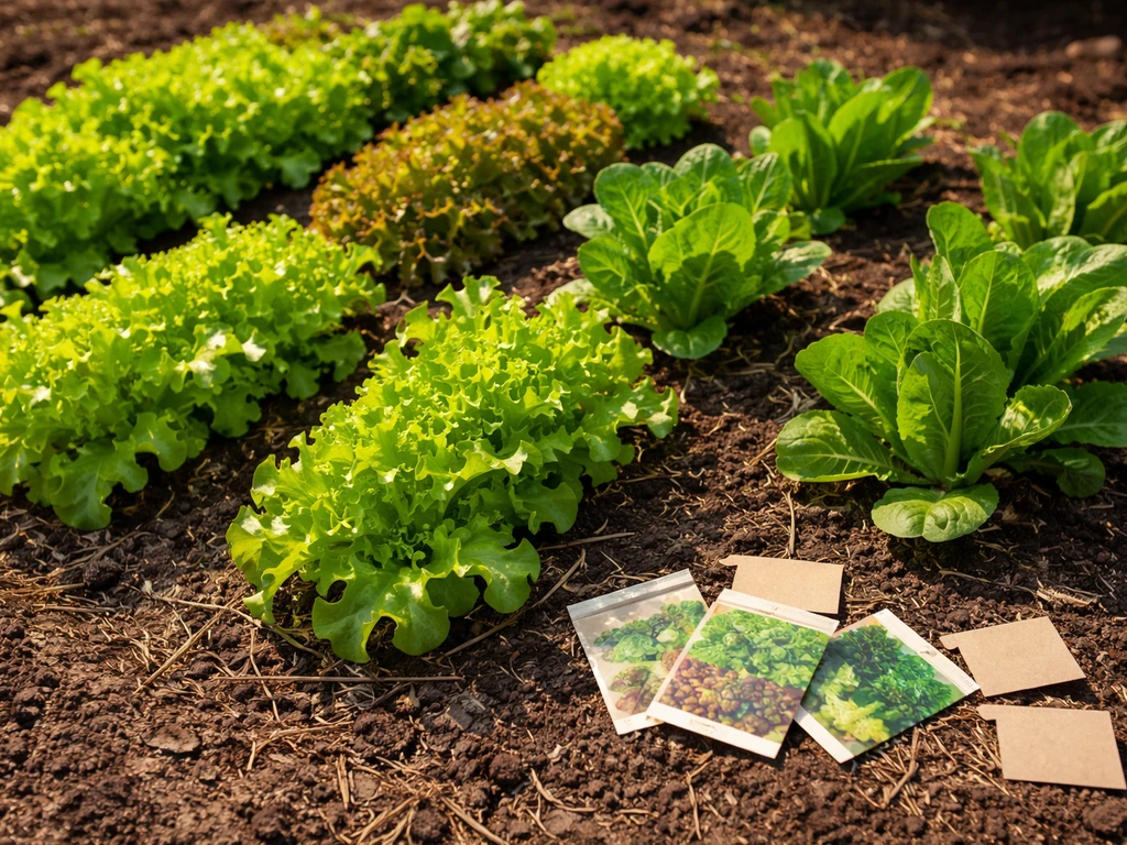 Summer garden bed with assorted heat-tolerant lettuce varieties and seed packets on soil mulch