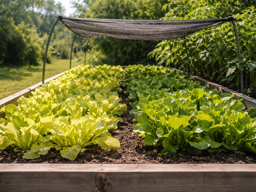 Lettuce bed in summer with clear bright-sun and shaded sections under a simple canopy