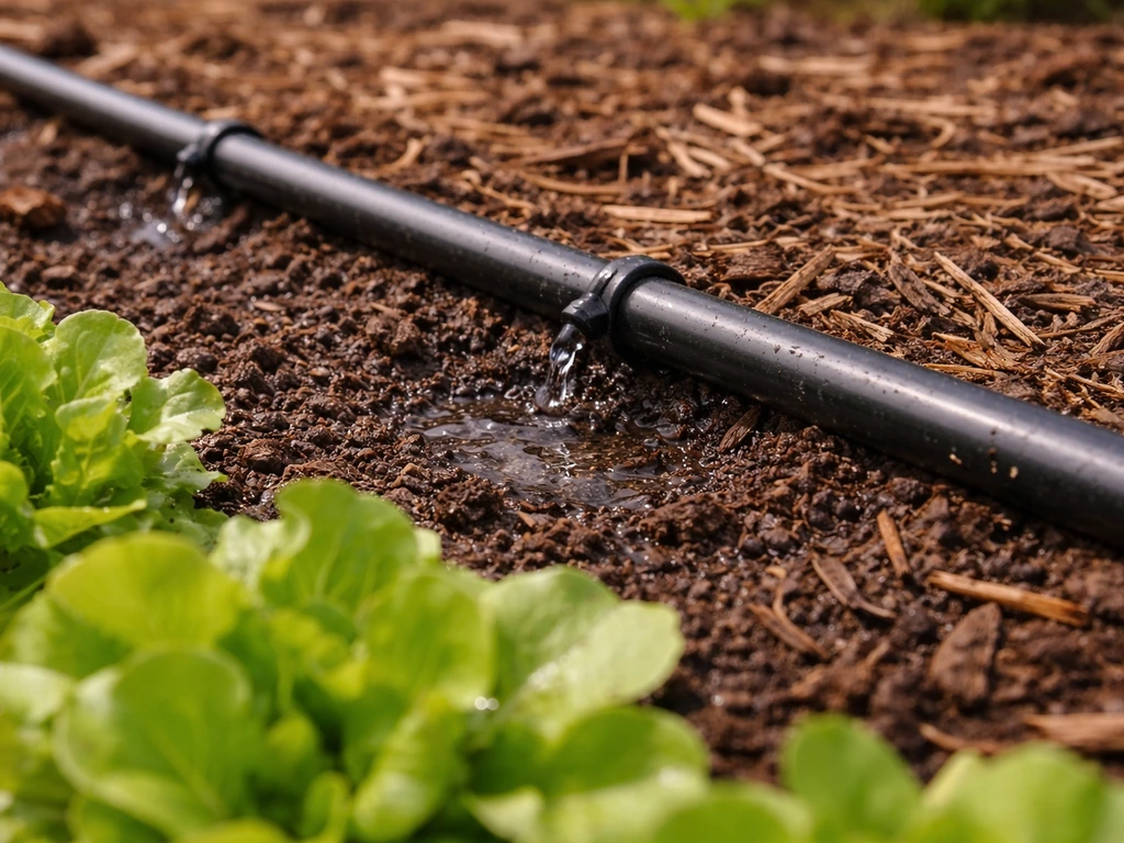 Close-up of drip irrigation feeding lettuce in a raised bed with visible mulch in hot summer soil.