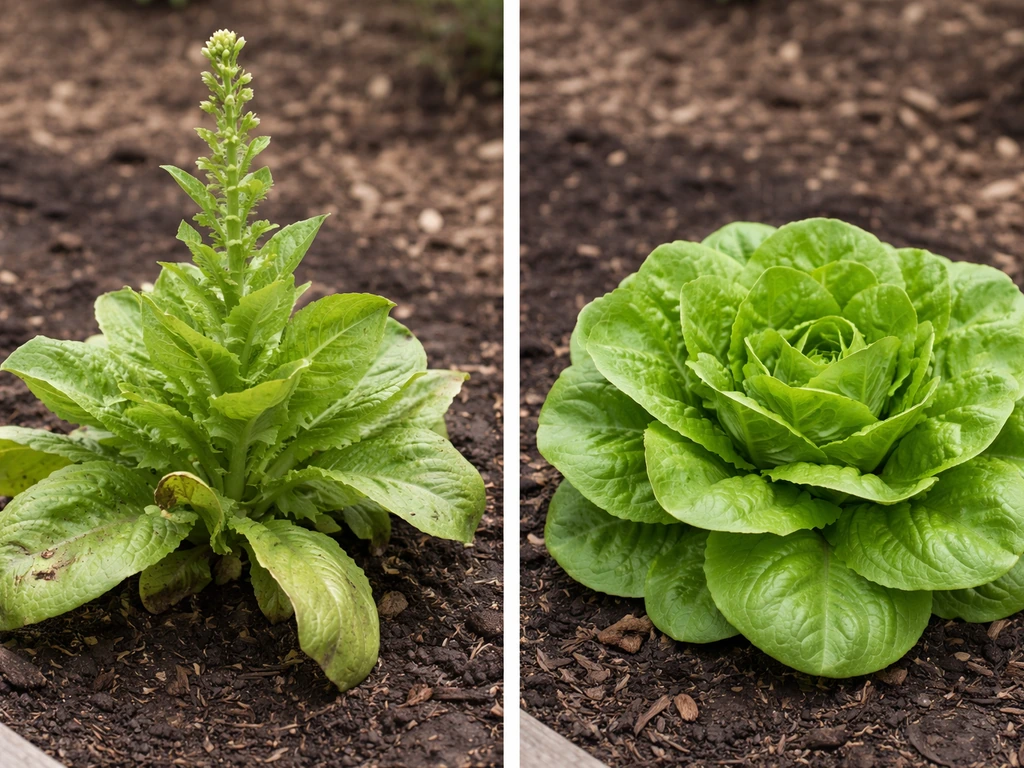 Split view of two lettuce plants: one with a tall central flower stalk, one with compact healthy leaves.