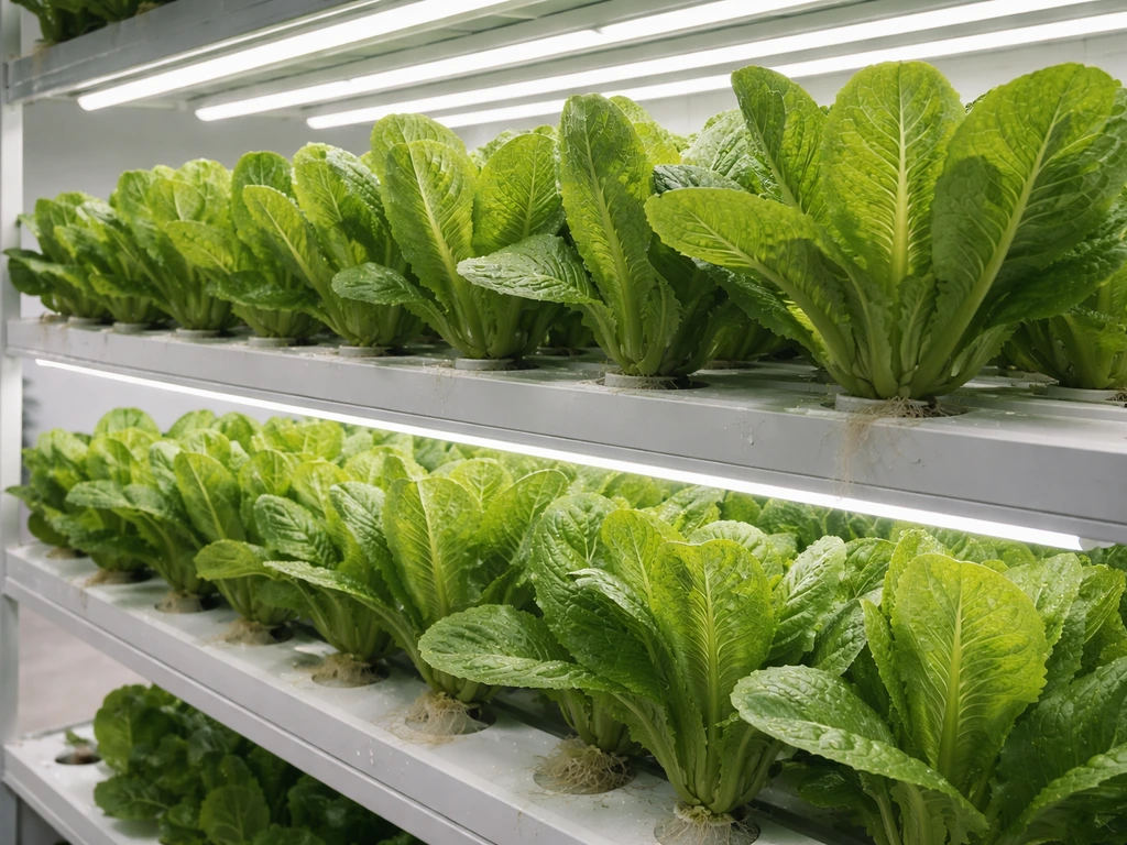 Romaine lettuce heads thriving in a small indoor hydroponic shelf under grow lights.