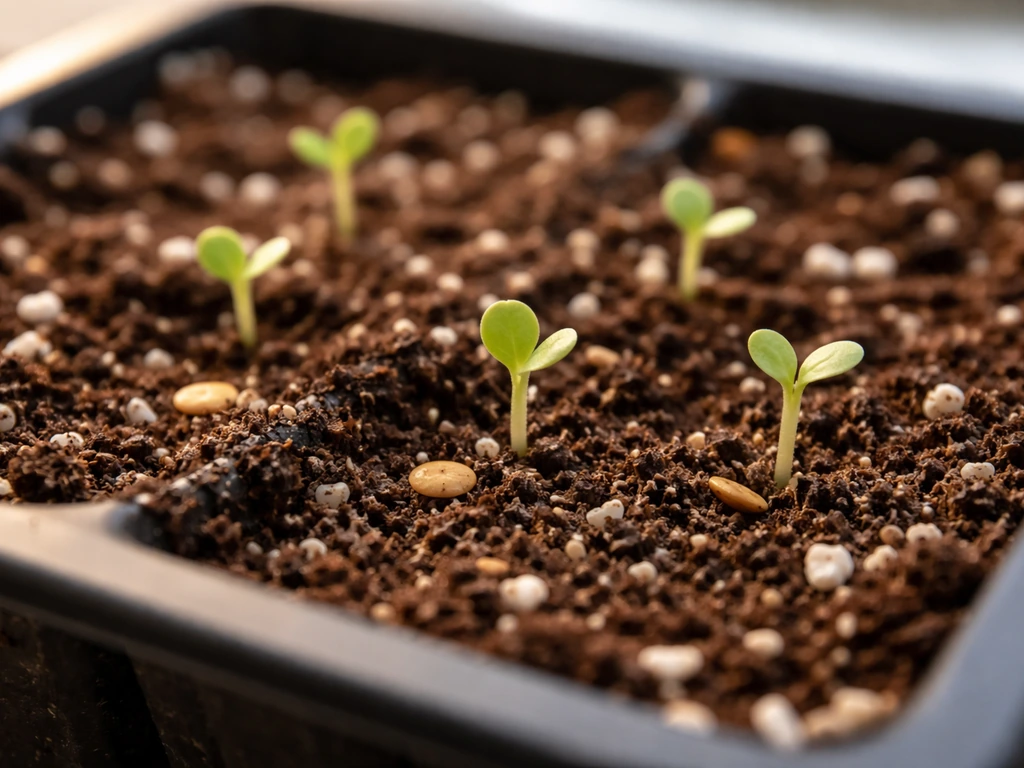 Compact mini romaine seedlings emerging from seed-starting mix under grow light