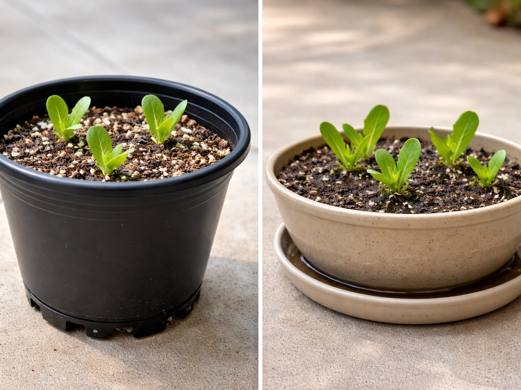 Two small leafy-green container setups: one deep pot with drainage holes, one shallow water-retaining pot.
