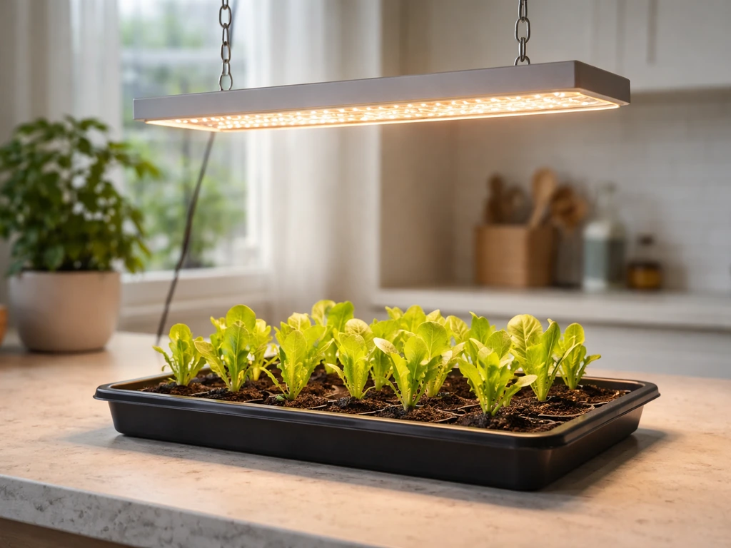 Romaine seedlings under a full-spectrum LED grow light, light positioned to prevent leggy growth.