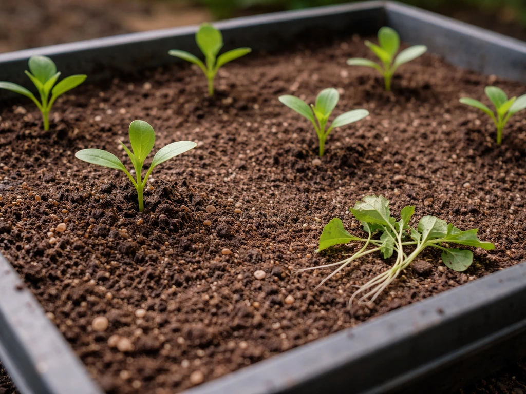 Garden seedlings in a small bed with several plants spaced apart and a few thinned seedlings set nearby.