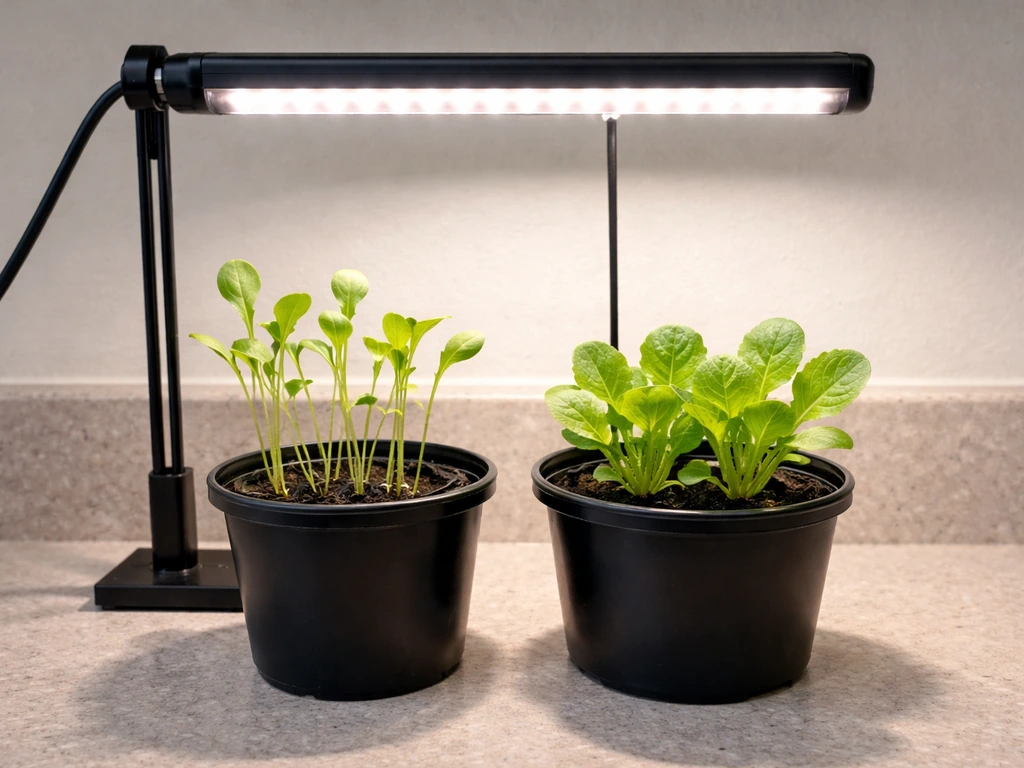 Two romaine seedling pots side by side: leggy seedlings near light, stockier seedlings after lowering the grow light.